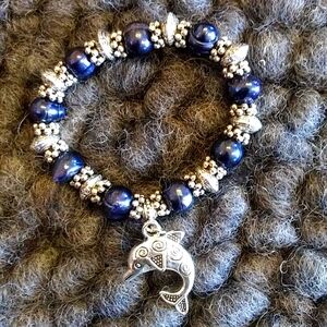 Silver Beads Bracelet with Pearls and Dolphin Charm